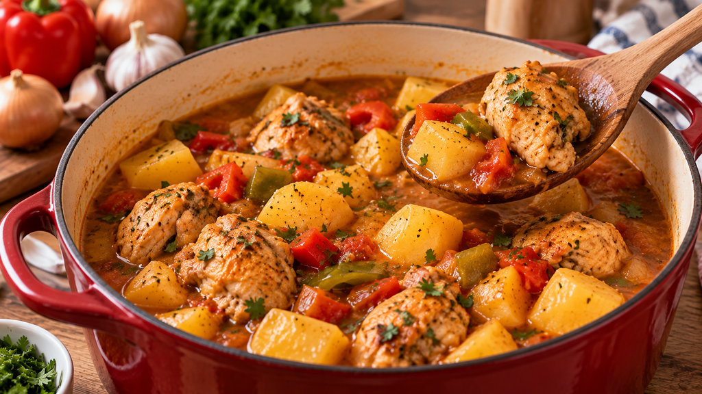 6 comidas económicas que puedes preparar con pollo papas guisadas con pollo y vegetales en una preparación casera