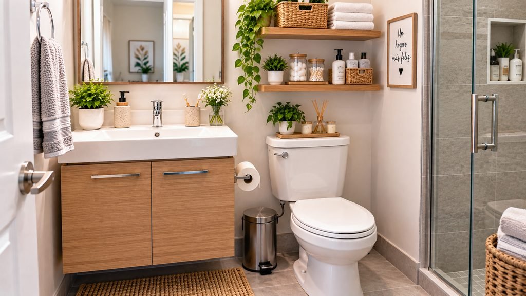 9 ideas para organizar un baño pequeño y mantenerlo ordenado Baño pequeño organizado con lavabo, repisas y productos guardados de forma ordenada