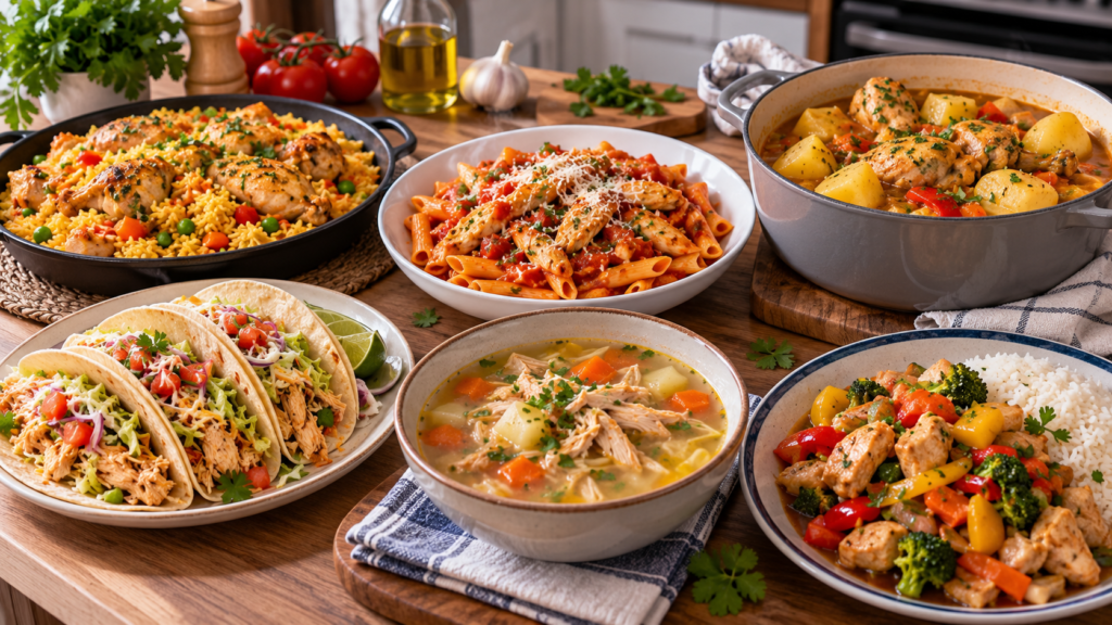 6 comidas económicas que puedes preparar con pollo Varias comidas económicas preparadas con pollo, arroz, pasta, papas y vegetales