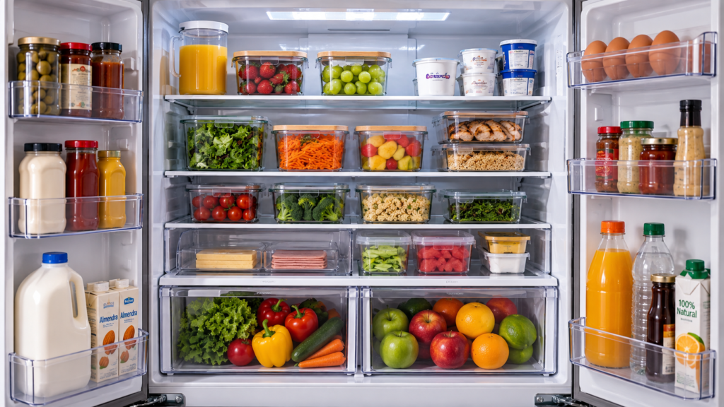 Cómo organizar el refrigerador para aprovechar mejor el espacio Refrigerador organizado con alimentos distribuidos para aprovechar mejor el espacio.