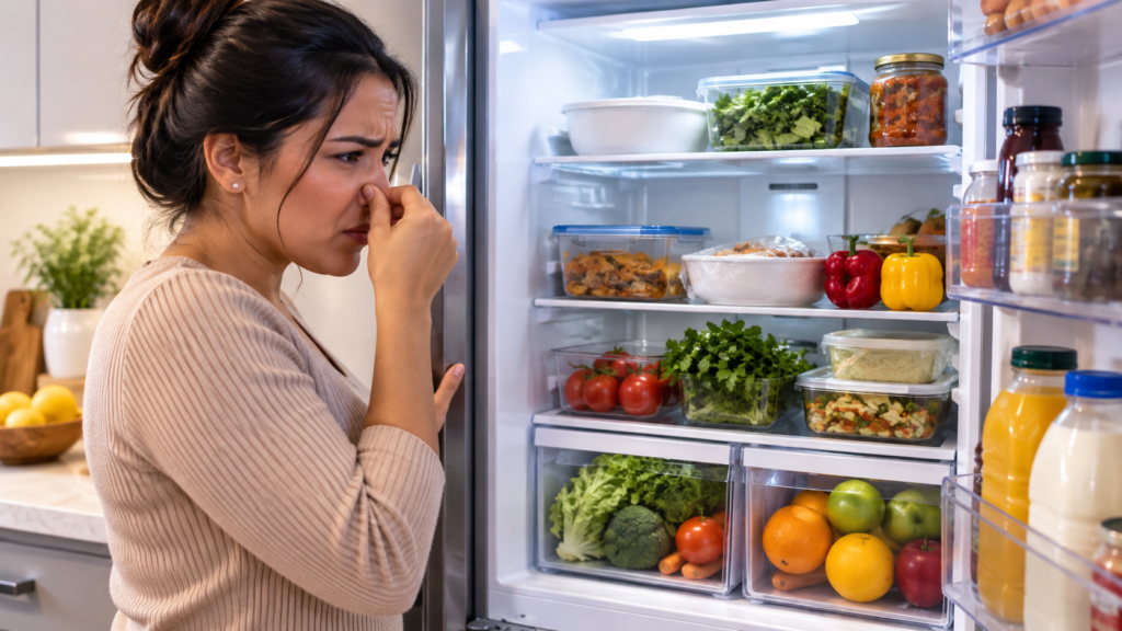 Persona revisando un refrigerador para encontrar la causa de un mal olor.