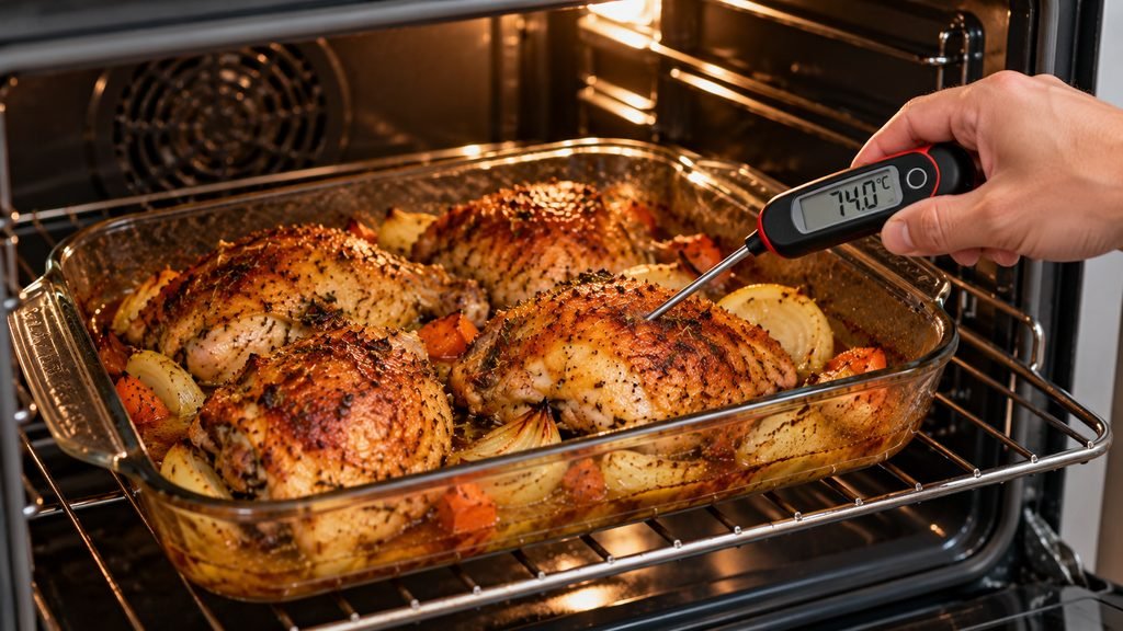 Pollo al horno jugoso: receta fácil para preparar en casa comprobar temperatura pollo al horno