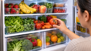 Persona revisando frutas y verduras almacenadas dentro del refrigerador