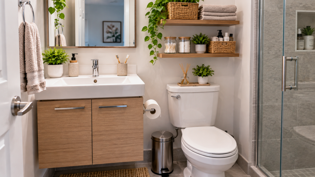 9 ideas para organizar un baño pequeño y mantenerlo ordenado Baño pequeño organizado con lavabo, repisas y productos guardados de forma ordenada