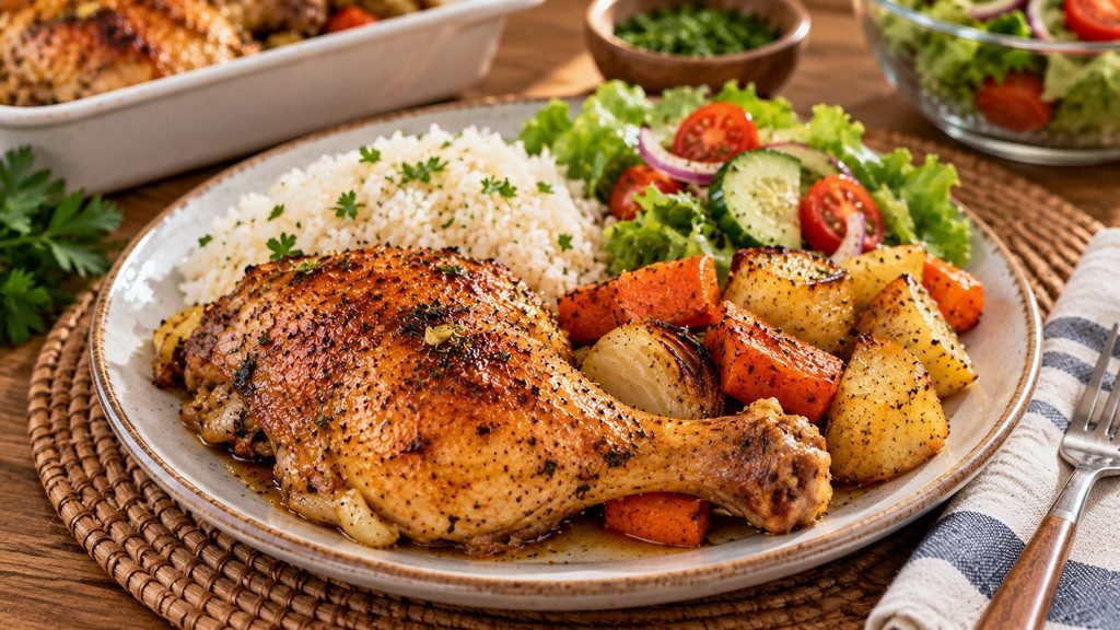 Pollo al horno jugoso: receta fácil para preparar en casa pollo al horno con arroz y vegetales