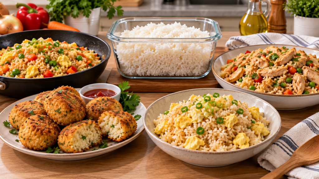 Varias recetas preparadas para aprovechar arroz cocido que había sobrado