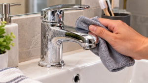 Persona limpiando depósitos de sarro de un grifo de baño con un paño suave
